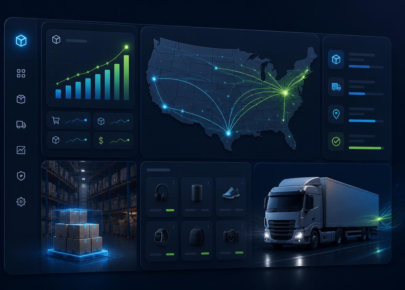 Tukitaki IND warehouse dashboard showing US shipping routes, live order analytics, and same-day fulfillment